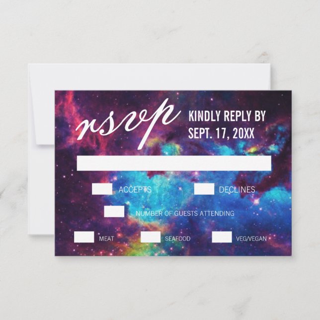 Coloridas tarjetas RSVP de Boda Galáctica (Anverso)