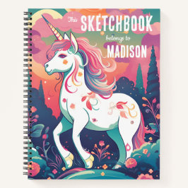 Colorido cuaderno de dibujos de unicornio con nomb