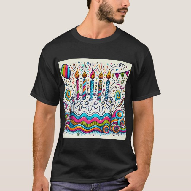 Colorido Doodle Birthday Cake Design Mens camiseta (Anverso)