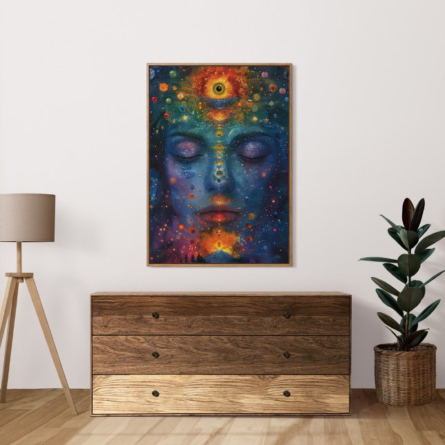 Colorido Espíritu abierto Tercer Ojo Arte Femenino (Colorful Spiritual Opened Third Eye Female Art Poster in a neutral boho living room.)