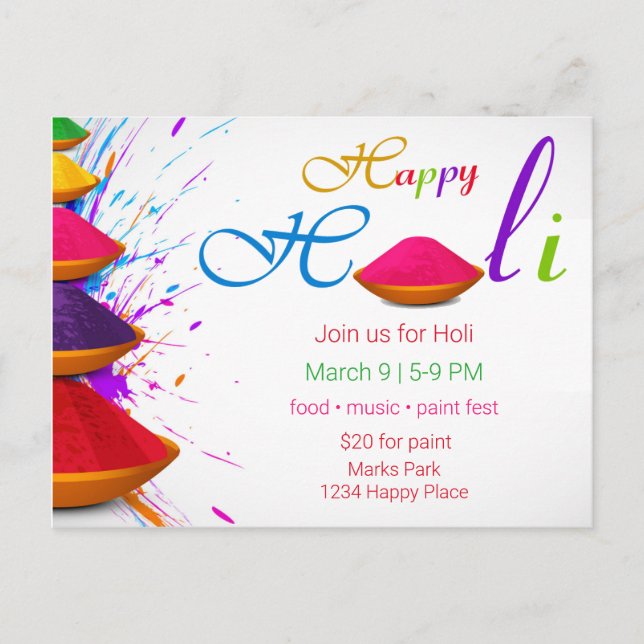 Colorido Happy Holi Powders Invitación a pintar (Anverso)
