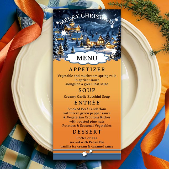 Colorido menú de Navidades de Winter Wonderland (Christmas menu card featuring a festive design with a winter wonderland scene on bright orange red)