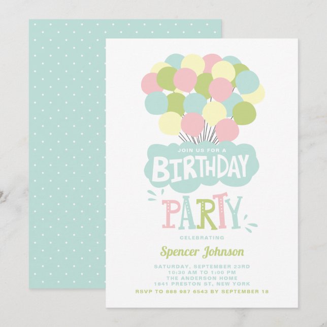 Colorido Pastel Balloons Niños Invitación al cumpl (Anverso / Reverso)