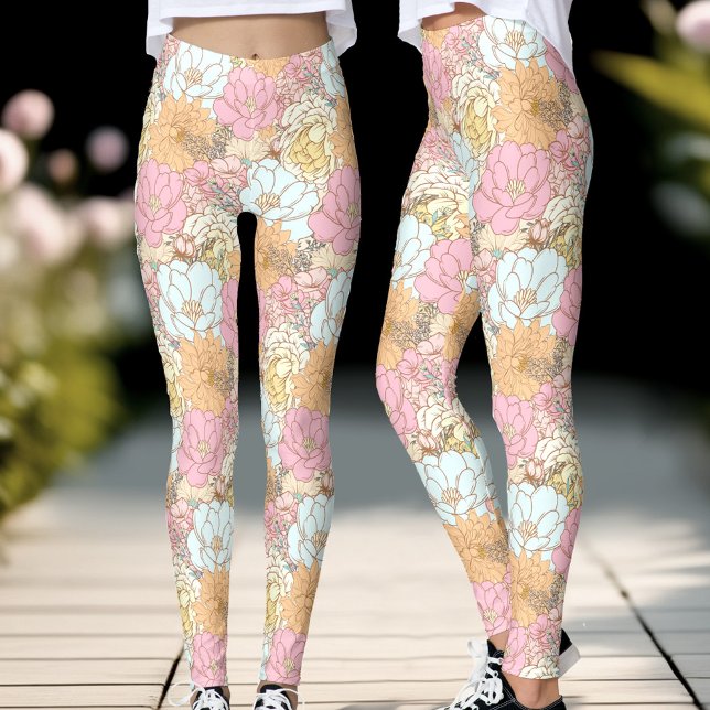 Colorido Pastel Pink Floral Leggings (Colorful Pastel Pink Floral Pattern Leggings)