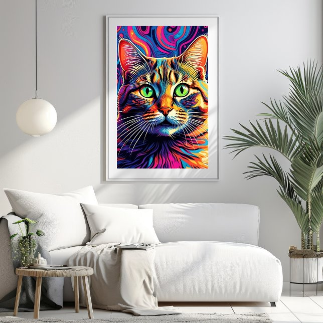 Colorido Poster de Arte Gato Psicodélico (Colorful Psychedelic Cat Art Poster)