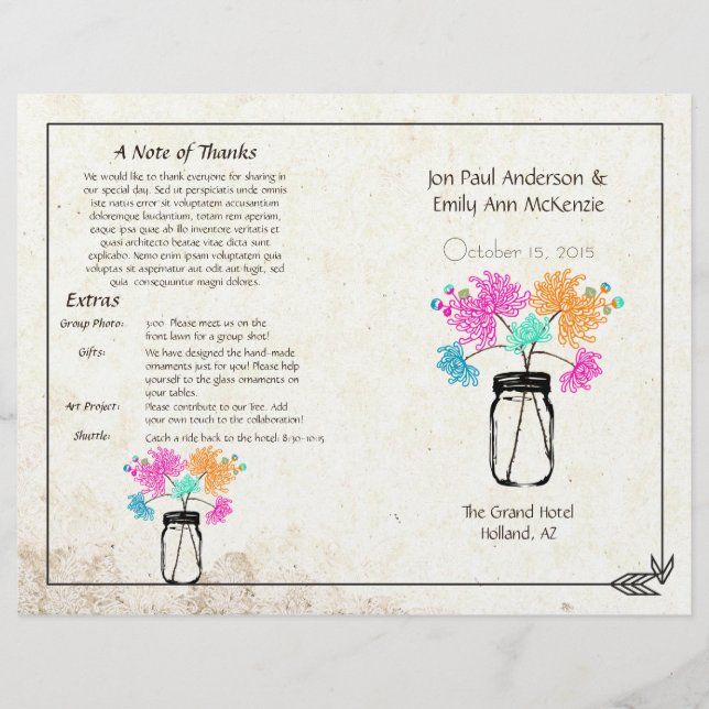 Colorido programa de matrimonio Zinnia Mason Jar (Anverso)