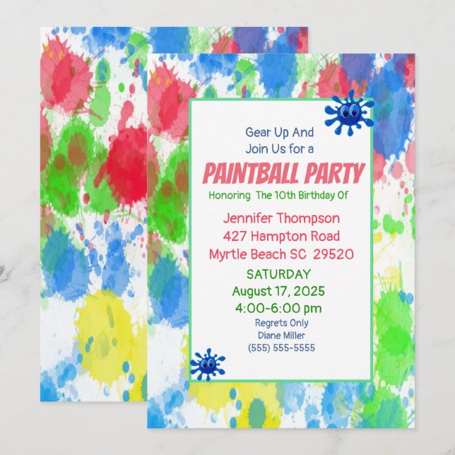 Coloridos Chicas Paintball Invitación a la fiesta  (Anverso / Reverso)