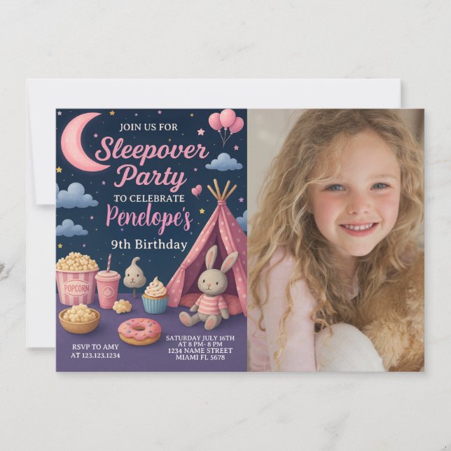 Coloridos Chicas Sleepover Party Invitación (Anverso)