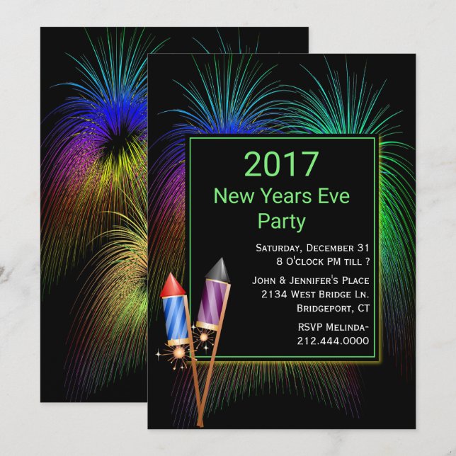 Coloridos fuegos artificiales Invitación de Año Nu (Anverso / Reverso)