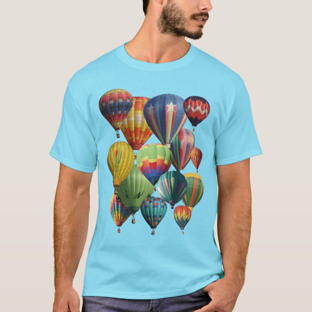 Coloridos globos de aire caliente en camiseta azul (Anverso)