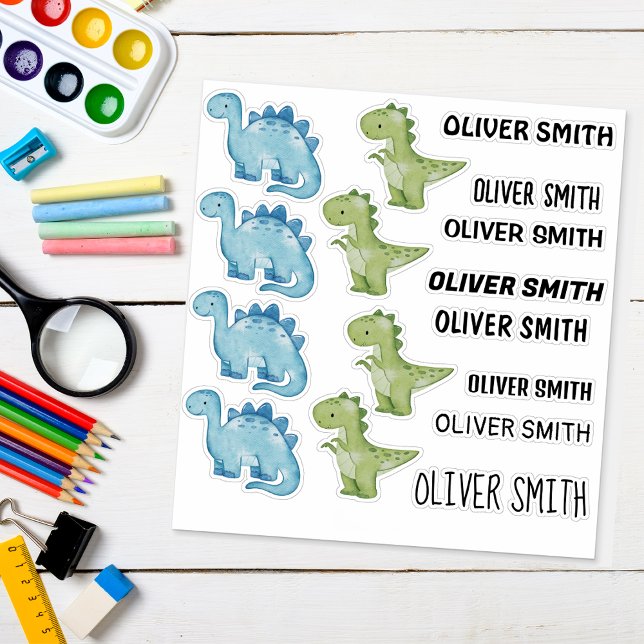 Coloridos ilustraciones de dinosaurios pegatinas c (Sticker Sheet with Cute Dinosaurs and Custom Name Stickers for Waterbottles, books, crafts adn more.)
