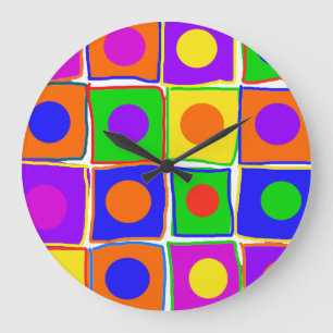 Coloridos puntos de polka y cuadrados gran reloj d
