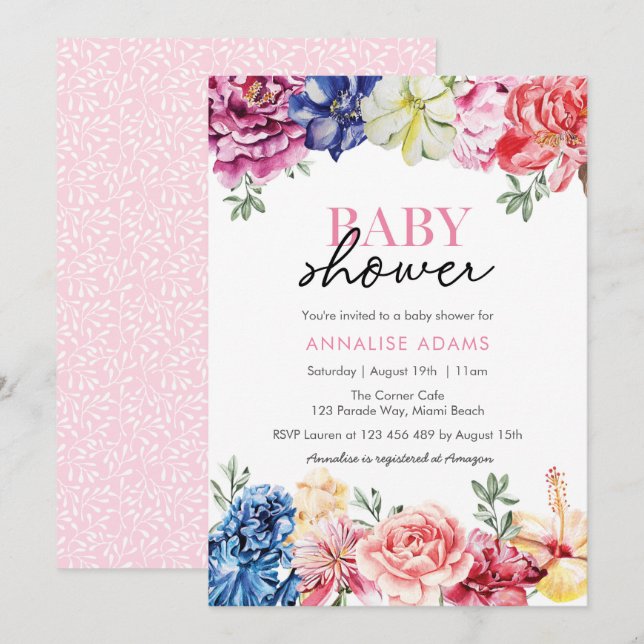 Colorosa invitación de Baby Shower floral (Anverso / Reverso)