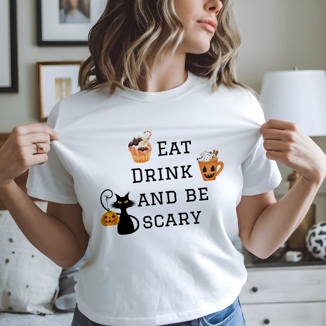 Come una bebida y ten miedo de la camiseta de la f (Eat Drink and Be Scary Halloween Tshirt)