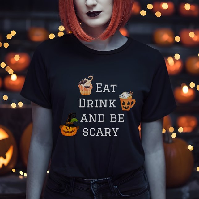 Come una bebida y ten miedo de la camiseta de la f (Eat Drink and Be Scary Halloween Tshirt)