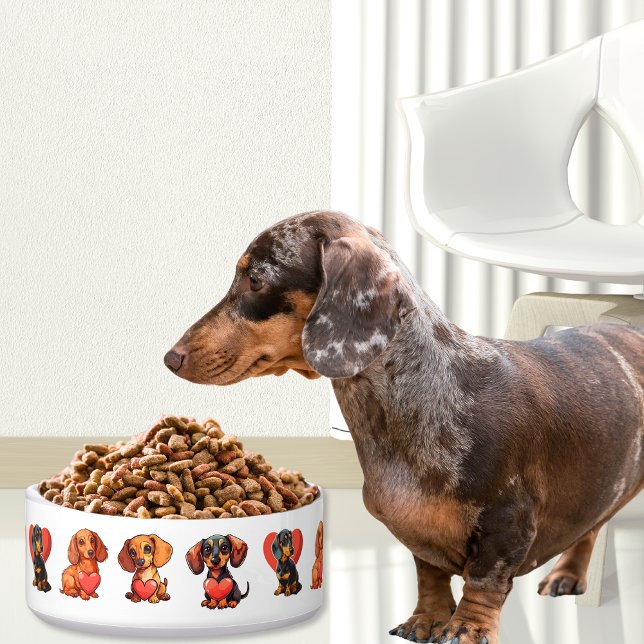 Comedero Acuarela de Dachshund del Día de San Valentín con  (Dachshund Valentine Watercolor with Red Heart Bowl)