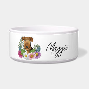 Comedero Airedale Terrier con flores coloridas y nombre