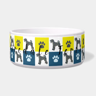 Comedero Airedale Terrier Dog & Paw Yellow & Blue Grid