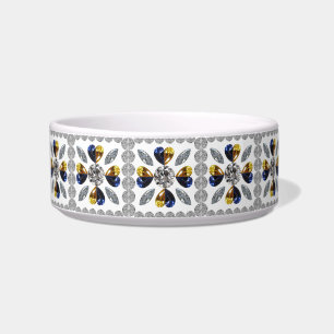 Comedero Arte único de diamantes, azul amarillo en el coraz