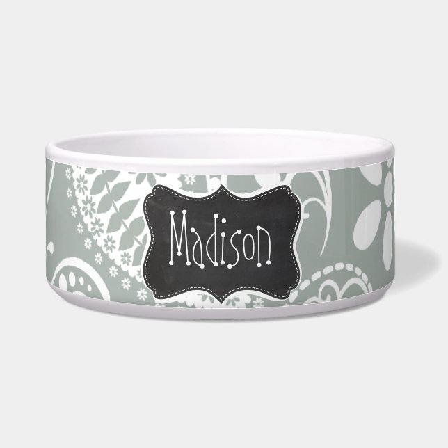 Comedero Ash Gray; Gray Paisley; Retro Chalkboard look (Frente)