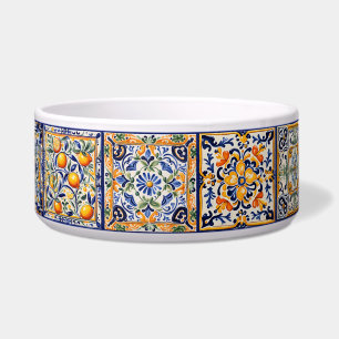 Comedero Azulejos de arte folclórico floral azul y amarillo