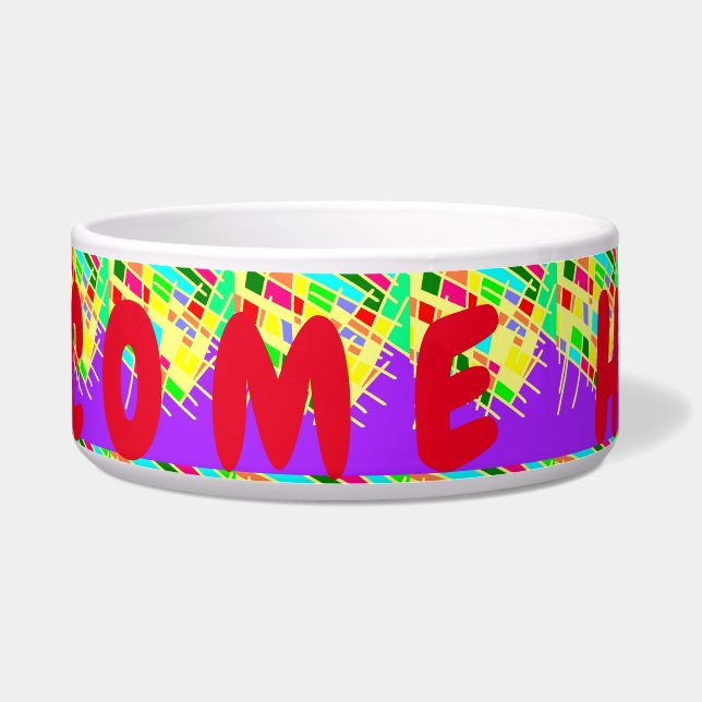 Comedero Bienvenido a casa, arte de bienvenida y mensaje (Frente)