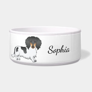 Comedero Black And Tan Piebald Long Hair Dachshund & Name