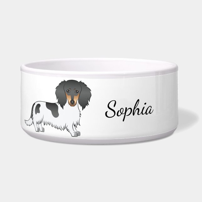 Comedero Black And Tan Piebald Long Hair Dachshund & Name (Frente)