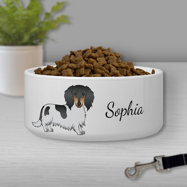 Comedero Black And Tan Piebald Long Hair Dachshund & Name (Subido por el creador)