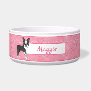 Comedero Black Boston Terrier Dog On Pink Hearts And Name