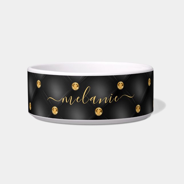 Comedero Black Gold Diamond Tufted Custom Name Bowl (Frente)