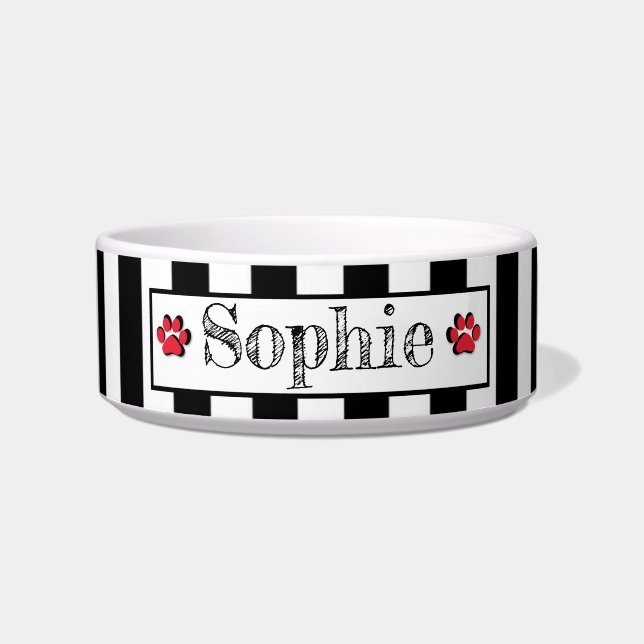 Comedero Black White Stripes Red Personalizada Dog Cat Masc (Frente)