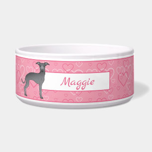 Comedero Blue Italian Greyhound Cute Dog En Corazones Rosa