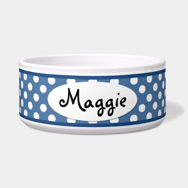 Comedero Blue Polka Dot Personalizado Tazón de Perro Cerámi (Frente)