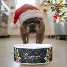 Blue tartan Plaid Navidades Holly Name perro