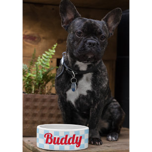 Comedero Blue White Checkpoint Dog Puppy Cat Nombre Comida 