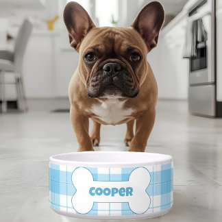 Comedero Blue White Plaid Pattern Name Bone Dog Food Water