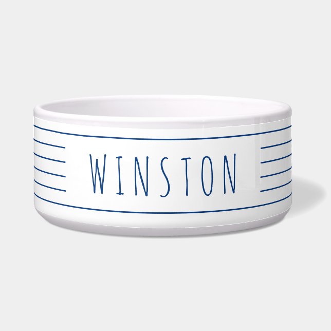 Comedero Blue White Stripes Moderno Farmhouse Cat Dog Bowl (Frente)