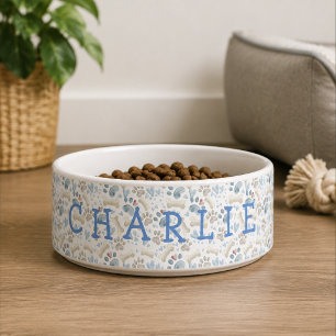 Comedero Blue y Cream Neutral Tone Name Ceramic Pet Bowl