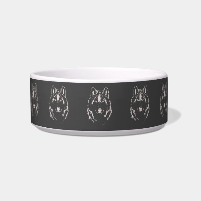 Comedero Boceto de cabeza de lobo gris y blanco funky (Frente)