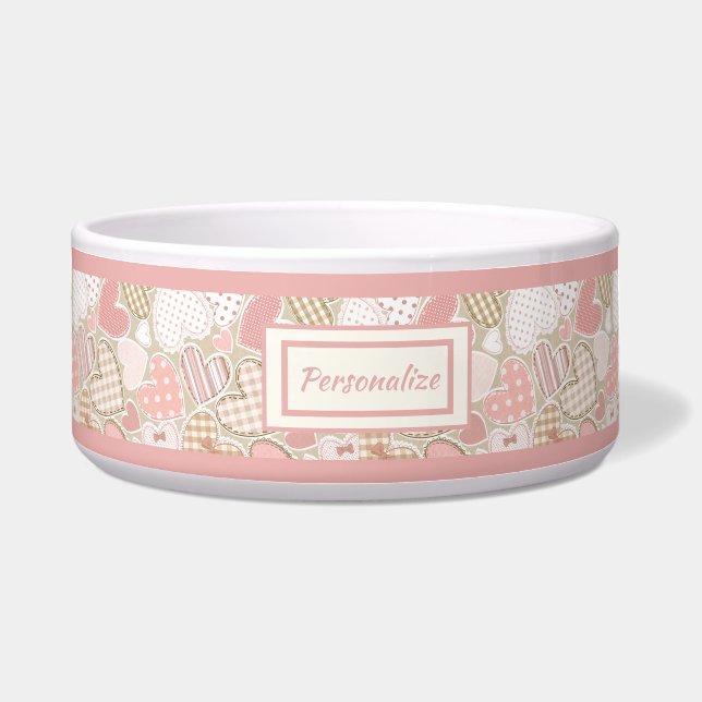 Comedero Bonito retrato rosa Quilt Heart Pattern Cat Dog (Frente)