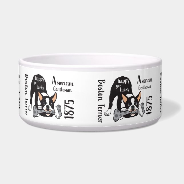 Comedero Boston Terrier. Feliz paso con suerte por Insima (Frente)