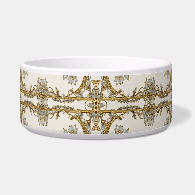 Comedero Bote de cerámica dorada blanca floral (Frente)