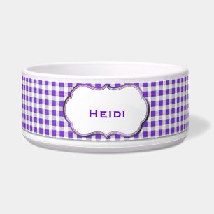 Comedero Bote de perro Personalizado de Gingham morado y bl
