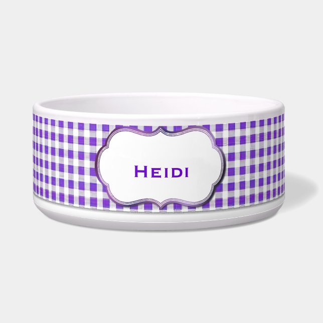 Comedero Bote de perro Personalizado de Gingham morado y bl (Frente)