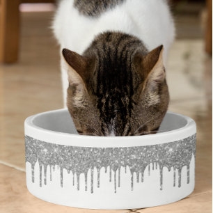 Comedero Brillo Plateado con Goteo Glam Chic Perro Mascota
