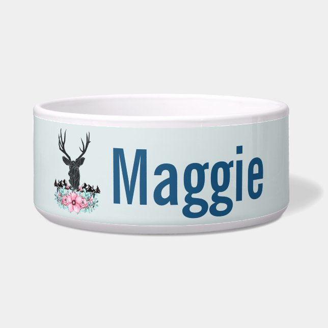 Comedero Cabeza de ciervo negro con flores y montañas rosas (Frente)