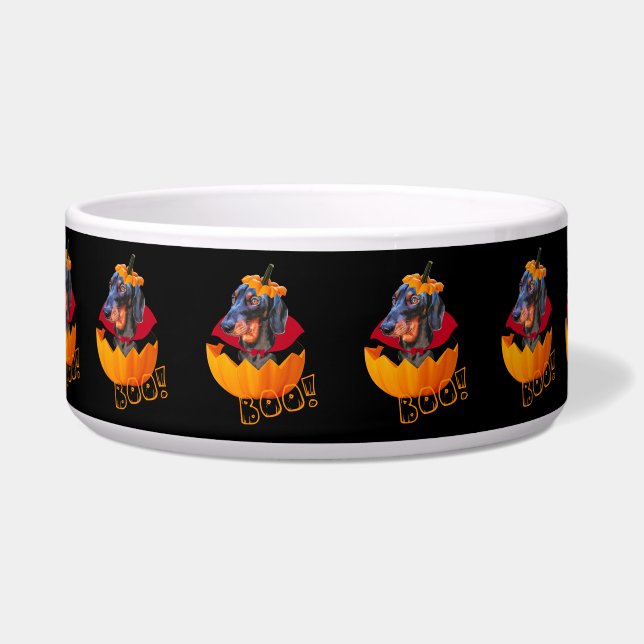 Comedero Calabaza de perro de salchicha de Halloween (Frente)