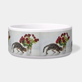 Comedero Cat and Red Roses – Realistic Oil Painting Print