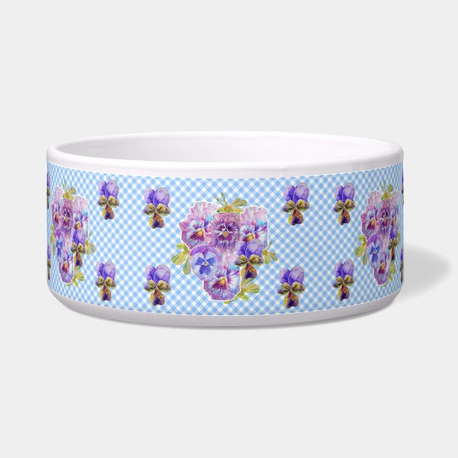 Comedero Cat Dog Shabby Floral Blue gingham Nombre Mascota  (Frente)